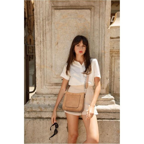 Elegant Vegan Leather Crossbody Bag with Adjustable Guitar Strap - 10.19" Tan - Picture 2 of 8